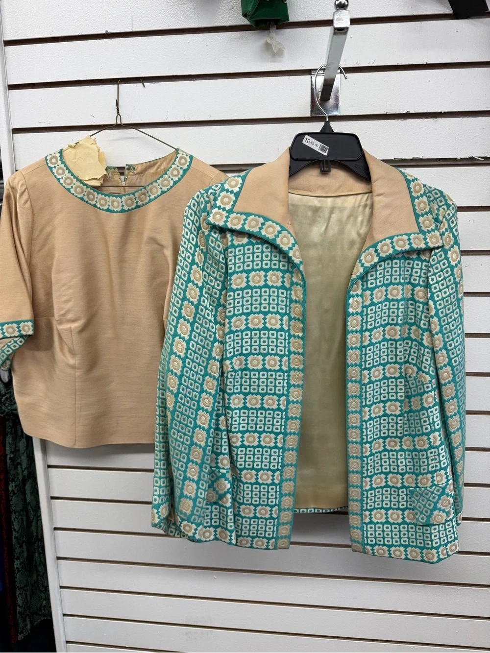 Vintage Jacket & Blouse Set Turquoise Cream Geometric Open Front Women’s